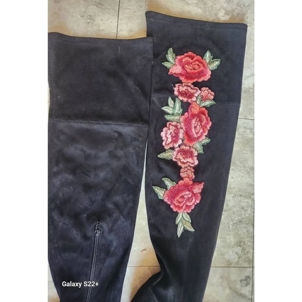 JustFab Tibbie floral embroidered over the knee boots